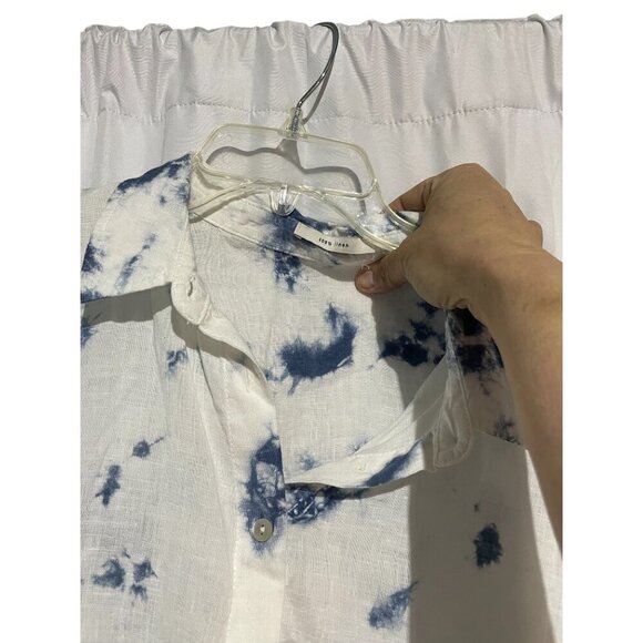 Women's Top Blouse 100% Linen Drop Waist Boho Blue White Size Large - Picture 5 of 5